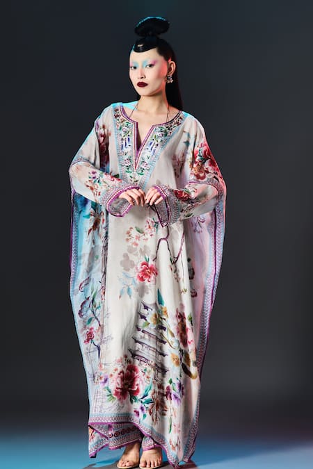 Rajdeep Ranawat_Beige Modal, Satin Permaz Pant Floral Print Kaftan _Online_at_Aza_Fashions