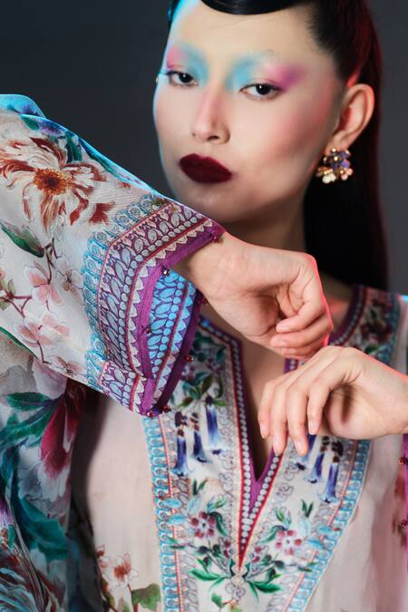 Buy_Rajdeep Ranawat_Beige Modal, Satin Permaz Pant Floral Print Kaftan _Online_at_Aza_Fashions