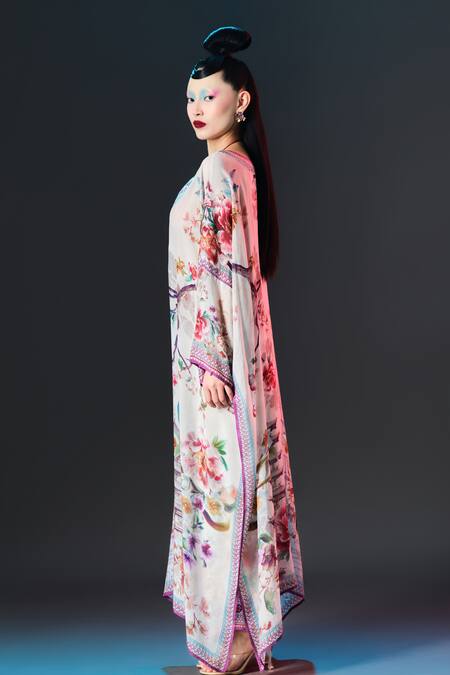 Shop_Rajdeep Ranawat_Beige Modal, Satin Permaz Pant Floral Print Kaftan _Online_at_Aza_Fashions
