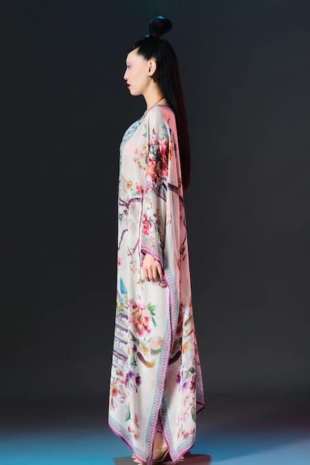 Rajdeep Ranawat_Beige Modal, Satin Permaz Pant Floral Print Kaftan _at_Aza_Fashions