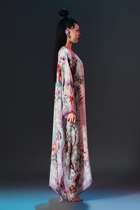 Buy_Rajdeep Ranawat_Beige Modal, Satin Permaz Pant Floral Print Kaftan 