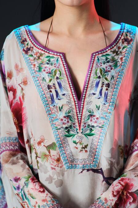 Shop_Rajdeep Ranawat_Beige Modal, Satin Permaz Pant Floral Print Kaftan 