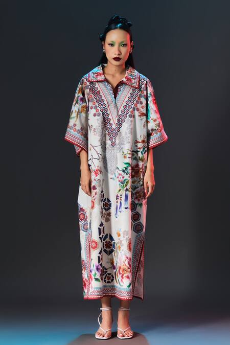 Buy_Rajdeep Ranawat_Beige Cotton, Poplin Collared, V-neck Briana Floral Print Designer _Online_at_Aza_Fashions