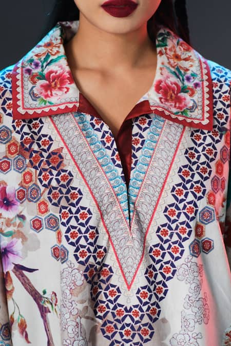 Buy_Rajdeep Ranawat_Beige Cotton, Poplin Collared, V-neck Briana Floral Print Designer 