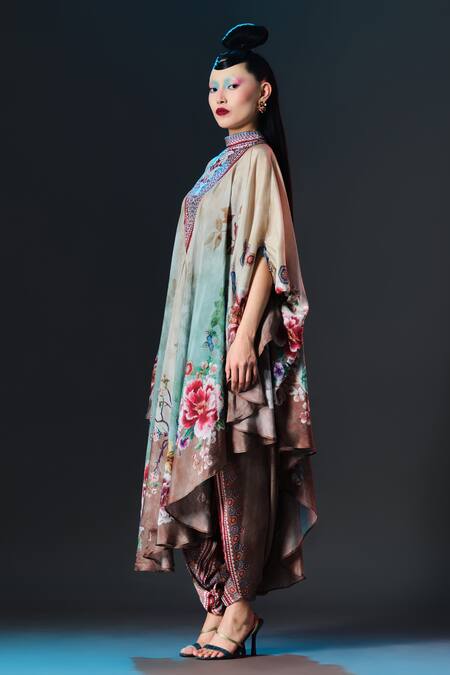 Rajdeep Ranawat_Beige Silk Embroidery Farah Draped Circular Kaftan With Band Collar _Online_at_Aza_Fashions