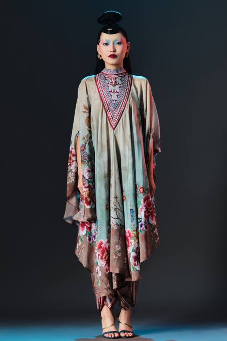 Buy_Rajdeep Ranawat_Beige Silk Embroidery Farah Draped Circular Kaftan With Band Collar _Online_at_Aza_Fashions