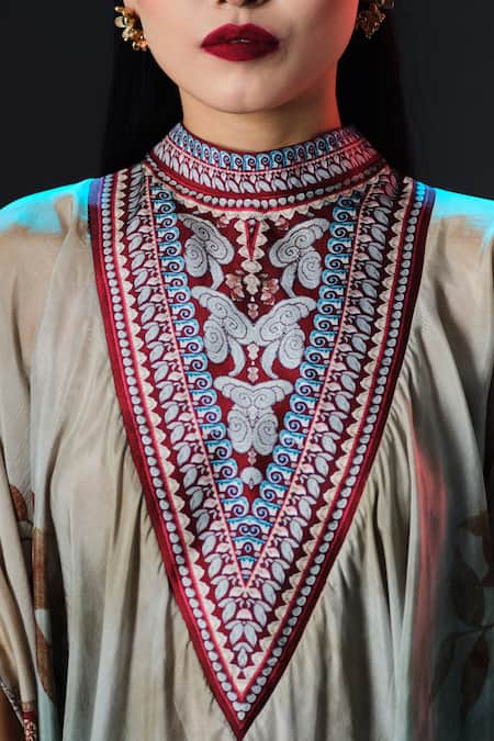 Shop_Rajdeep Ranawat_Beige Silk Embroidery Farah Draped Circular Kaftan With Band Collar _Online_at_Aza_Fashions