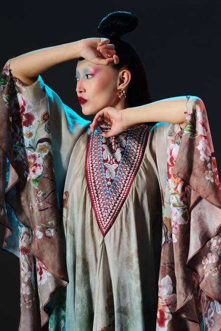 Rajdeep Ranawat_Beige Silk Embroidery Farah Draped Circular Kaftan With Band Collar _at_Aza_Fashions