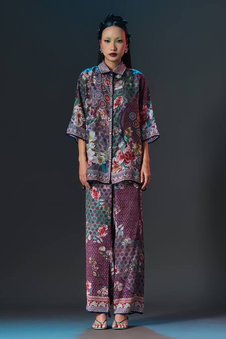 Rajdeep Ranawat_Silk Embroidery Collared Maizah Multi Print Crop _Online_at_Aza_Fashions