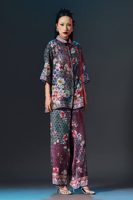 Shop_Rajdeep Ranawat_Silk Embroidery Collared Maizah Multi Print Crop _Online_at_Aza_Fashions