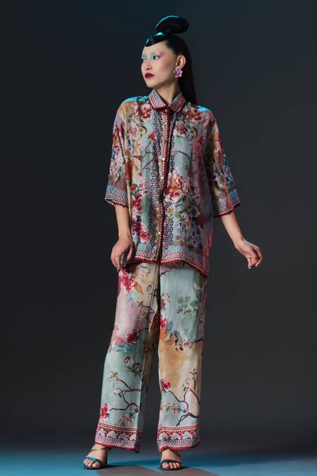 Shop Rajdeep Ranawat Beige Silk Embroidery Collared Maizah Floral Print Crop Online at Aza Fashions Shop_Rajdeep Ranawat_Beige Silk Embroidery Collared Maizah Floral Print Crop _Online_at_Aza_Fashions