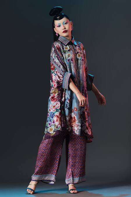 Rajdeep Ranawat_Slate Silk Collared Kamara Floral Printed _Online_at_Aza_Fashions