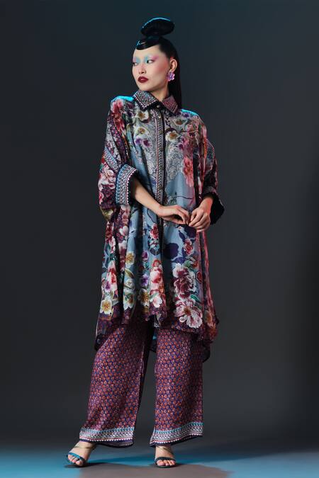 Buy_Rajdeep Ranawat_Slate Silk Collared Kamara Floral Printed _Online_at_Aza_Fashions