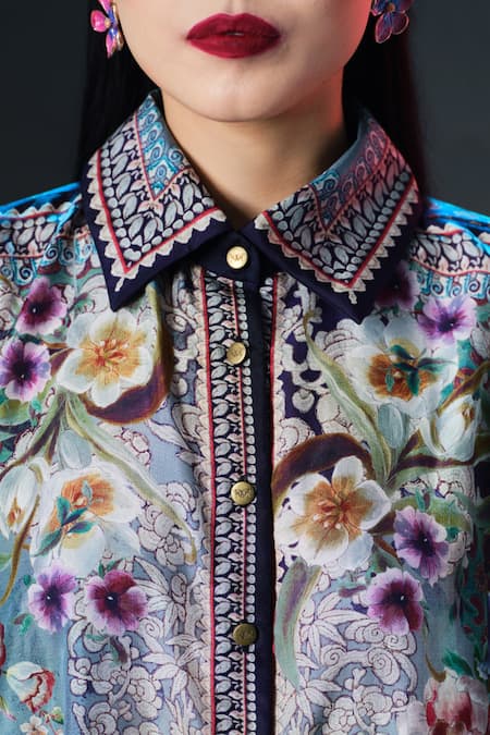 Shop_Rajdeep Ranawat_Slate Silk Collared Kamara Floral Printed _Online_at_Aza_Fashions