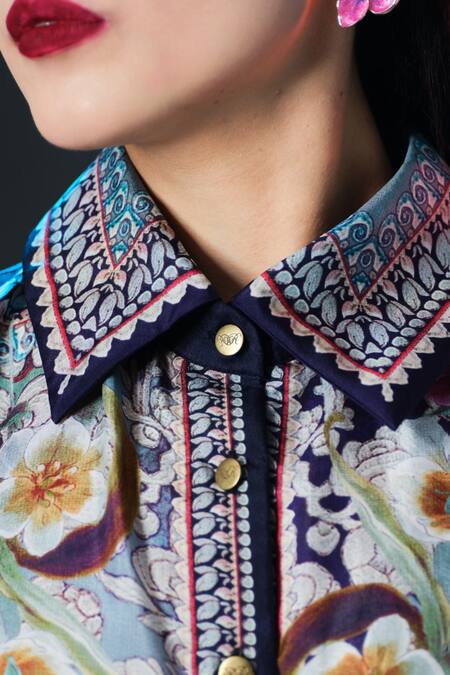 Rajdeep Ranawat_Slate Silk Collared Kamara Floral Printed _at_Aza_Fashions
