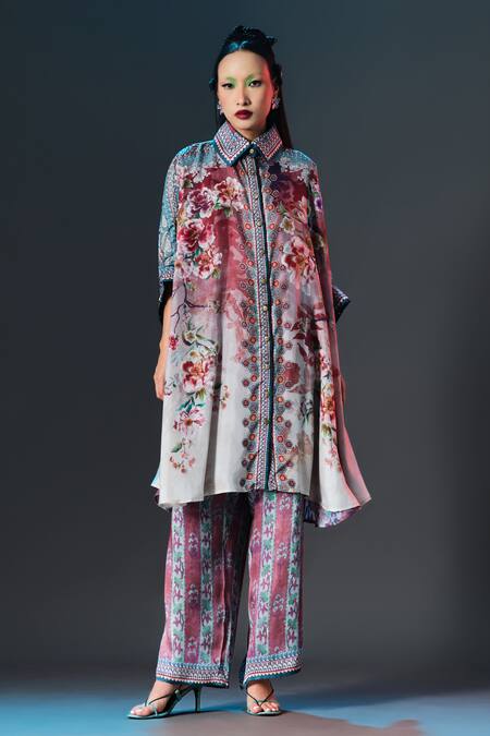 Rajdeep Ranawat_Aqua Silk Collared Kamara Floral Print _Online_at_Aza_Fashions