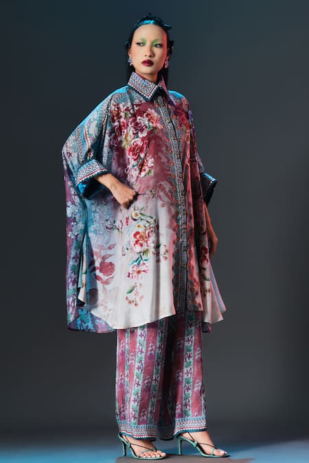 Buy_Rajdeep Ranawat_Aqua Silk Collared Kamara Floral Print _Online_at_Aza_Fashions