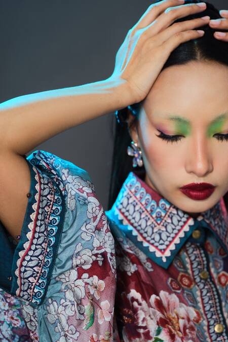 Rajdeep Ranawat_Aqua Silk Collared Kamara Floral Print _at_Aza_Fashions