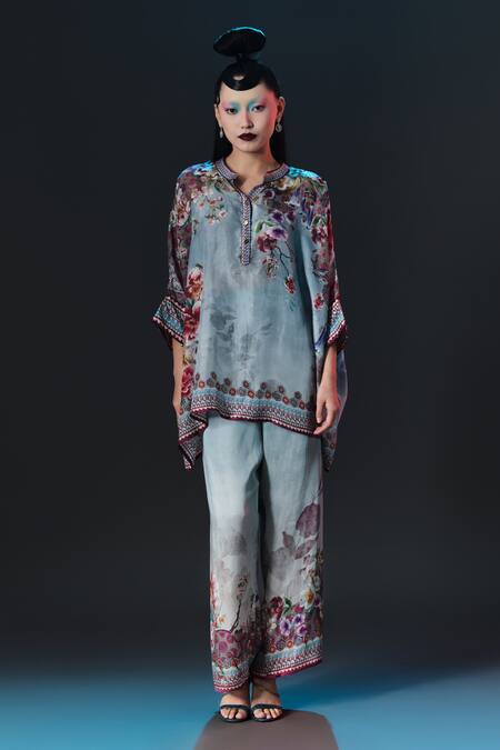 Buy_Rajdeep Ranawat_Slate Silk Embroidery Chanel Floral Print Band Collar _Online_at_Aza_Fashions