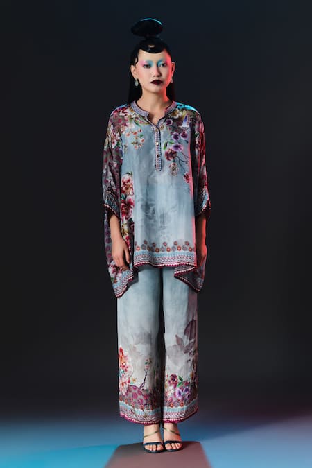 Shop_Rajdeep Ranawat_Slate Silk Embroidery Chanel Floral Print Band Collar _Online_at_Aza_Fashions