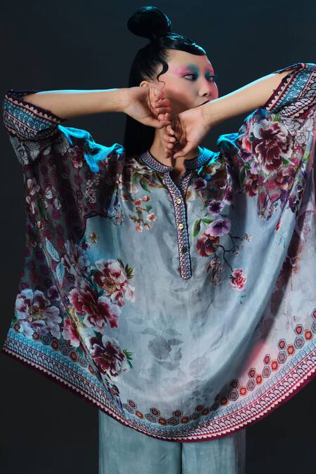 Rajdeep Ranawat_Slate Silk Embroidery Chanel Floral Print Band Collar _at_Aza_Fashions