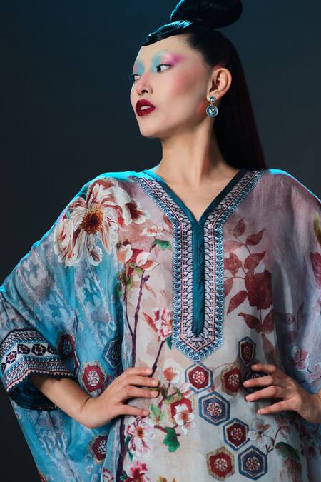 Rajdeep Ranawat_Aqua Silk Embroidery V-neck Chanel Floral Print V _at_Aza_Fashions