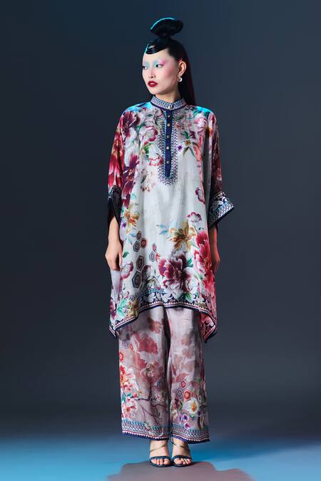 Rajdeep Ranawat_Beige Silk Collared Chanel Floral Print _Online_at_Aza_Fashions