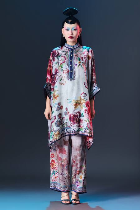 Buy_Rajdeep Ranawat_Beige Silk Collared Chanel Floral Print _Online_at_Aza_Fashions