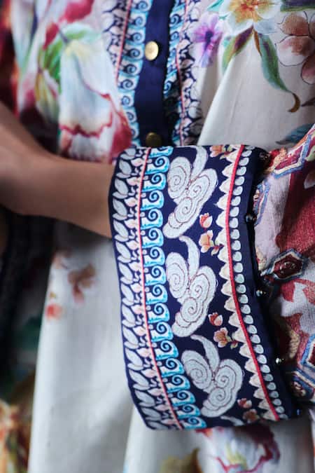 Shop_Rajdeep Ranawat_Beige Silk Collared Chanel Floral Print _Online_at_Aza_Fashions