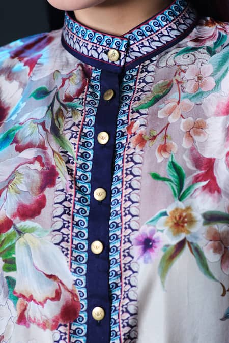 Rajdeep Ranawat_Beige Silk Collared Chanel Floral Print _at_Aza_Fashions