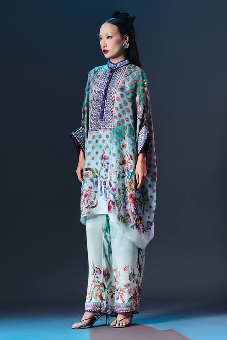 Rajdeep Ranawat_Mint Silk Chanel Blue Designer Band Collar _Online_at_Aza_Fashions