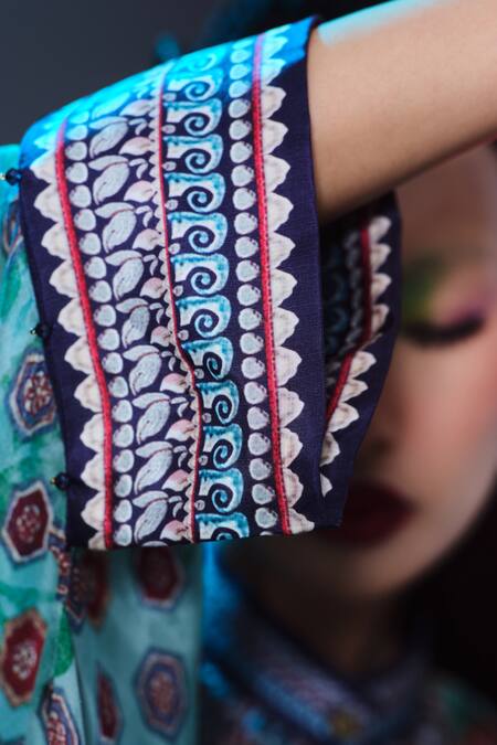 Rajdeep Ranawat_Mint Silk Chanel Blue Designer Band Collar _at_Aza_Fashions