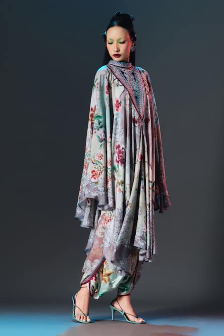 Rajdeep Ranawat_Beige Silk Collared Farah And Sage Draped Circular Kaftan _Online_at_Aza_Fashions