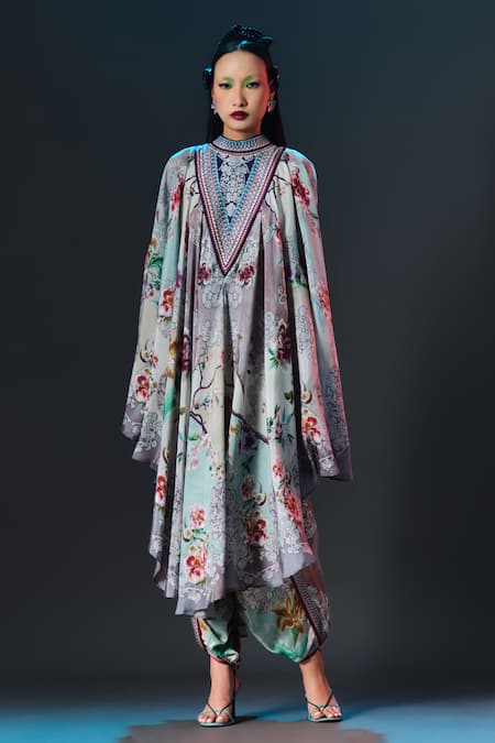 Rajdeep Ranawat Farah Dress Beige & Sage Draped Circular Kaftan Dress 