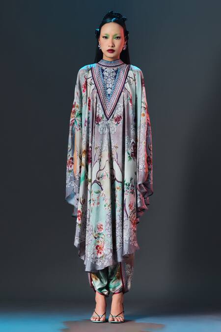 Buy_Rajdeep Ranawat_Beige Silk Collared Farah And Sage Draped Circular Kaftan _Online_at_Aza_Fashions