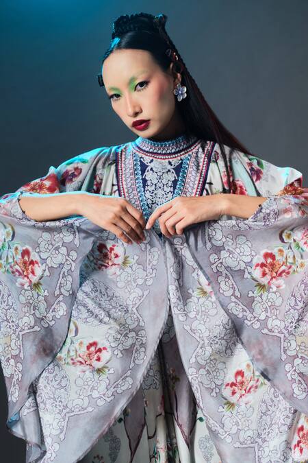 Shop_Rajdeep Ranawat_Beige Silk Collared Farah And Sage Draped Circular Kaftan _Online_at_Aza_Fashions