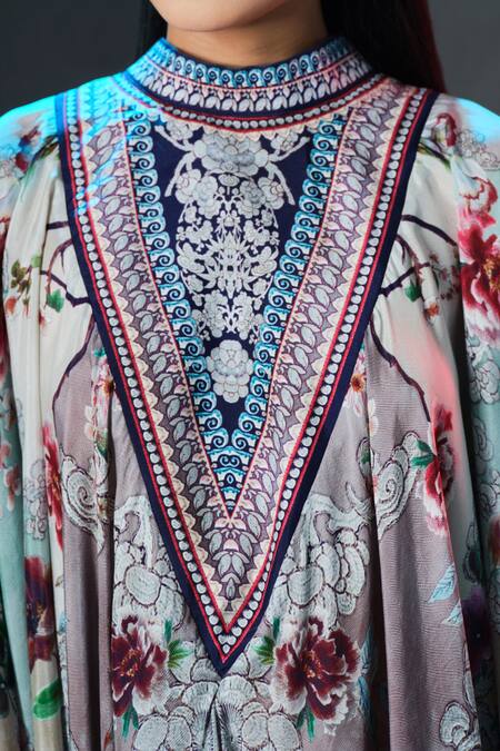 Rajdeep Ranawat_Beige Silk Collared Farah And Sage Draped Circular Kaftan _at_Aza_Fashions