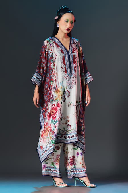 Shop_Rajdeep Ranawat_Beige Silk V-neck Chantelle Floral Print V _Online_at_Aza_Fashions