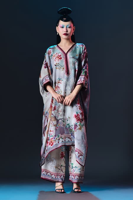Buy_Rajdeep Ranawat_Beige Silk V-neck Floral Print _Online_at_Aza_Fashions