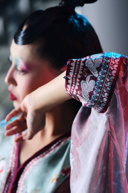 Shop_Rajdeep Ranawat_Beige Silk V-neck Floral Print _Online_at_Aza_Fashions