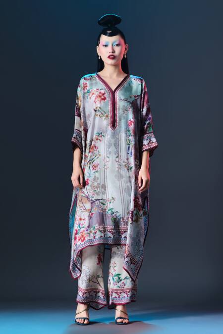 Rajdeep Ranawat_Beige Silk V-neck Floral Print _at_Aza_Fashions