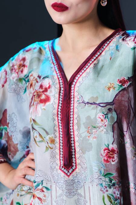 Shop_Rajdeep Ranawat_Beige Silk V-neck Floral Print 