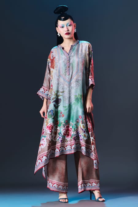 Shop_Rajdeep Ranawat_Beige Silk V-neck V _Online_at_Aza_Fashions