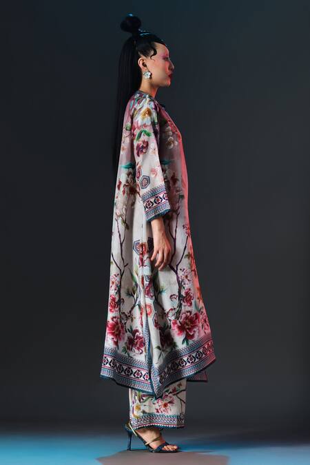 Rajdeep Ranawat_Beige Silk Button-down Neck Floral Print Zeynep Tunic _Online_at_Aza_Fashions