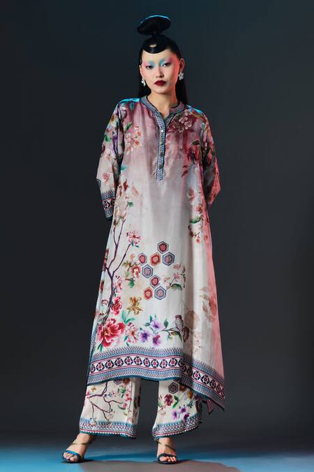 Buy_Rajdeep Ranawat_Beige Silk Button-down Neck Floral Print Zeynep Tunic _Online_at_Aza_Fashions