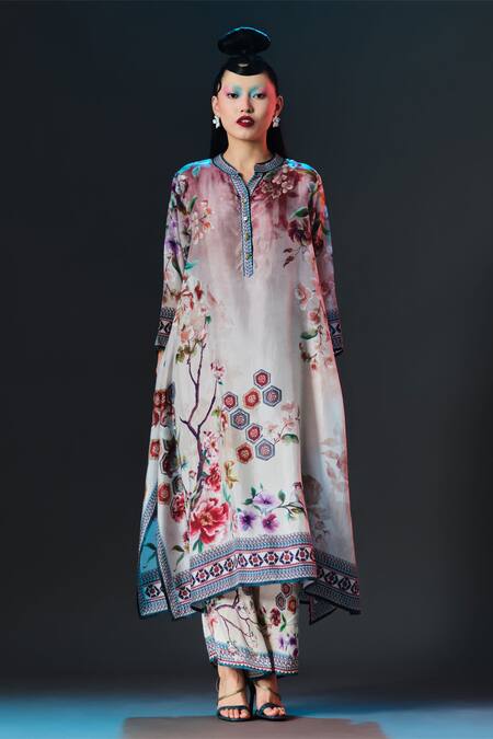 Shop_Rajdeep Ranawat_Beige Silk Button-down Neck Floral Print Zeynep Tunic _Online_at_Aza_Fashions