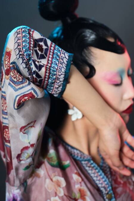 Rajdeep Ranawat_Beige Silk Button-down Neck Floral Print Zeynep Tunic _at_Aza_Fashions