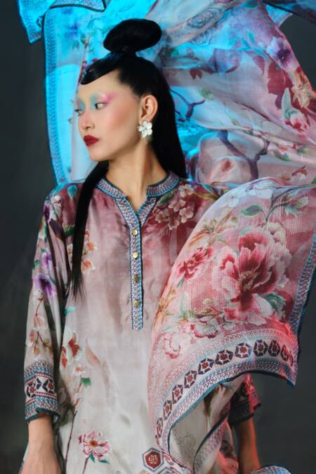 Shop_Rajdeep Ranawat_Beige Silk Button-down Neck Floral Print Zeynep Tunic 