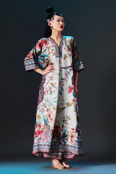 Shop_Rajdeep Ranawat_Beige Silk V-neck Banera Floral Printed _Online_at_Aza_Fashions