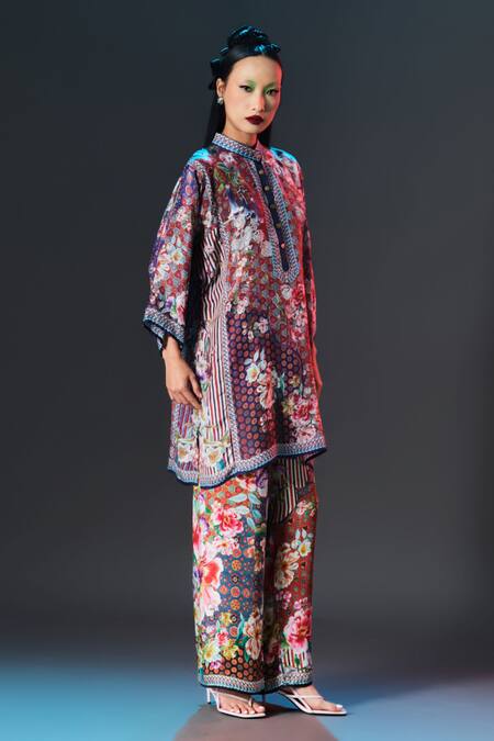 Rajdeep Ranawat_Multi Color Silk Embroidery Collared Printed Ghazal Tunic _Online_at_Aza_Fashions